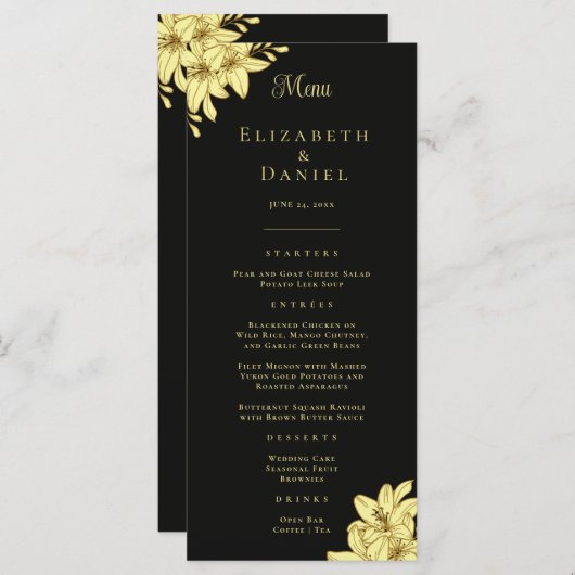 Elegant Black & Gold met Lilies Wedding Menu (Voorkant / Achterkant)