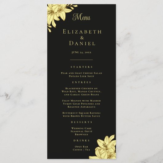Elegant Black & Gold met Lilies Wedding Menu (Voorkant)