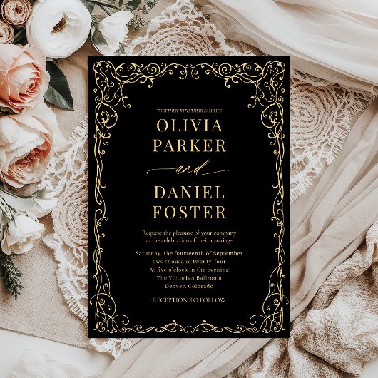 Elegant Black Gold Minimalist Weddenschap Kaart