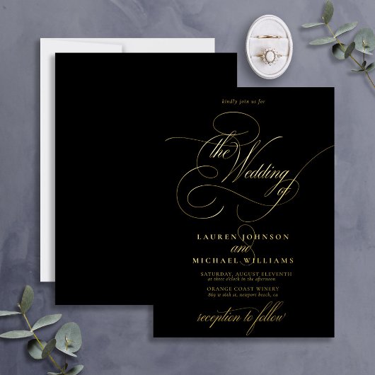 Elegant Black Gold Modern Calligraphy Wedding Foli Folie Uitnodiging