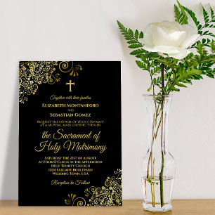 Elegant Black & Gold Modern katholieke bruiloft Kaart