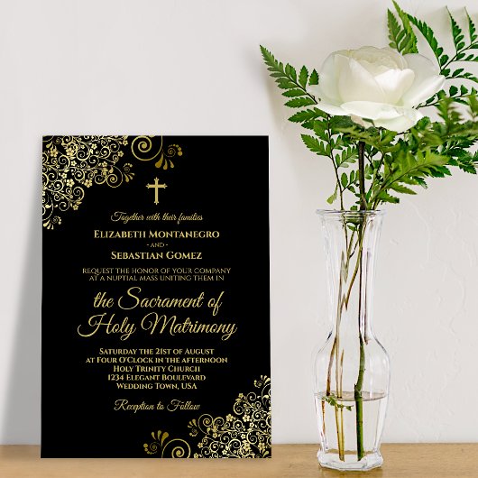 Elegant Black & Gold Modern katholieke bruiloft Kaart