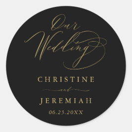 Elegant Black Gold Modern Script Weddenschap Ronde Sticker