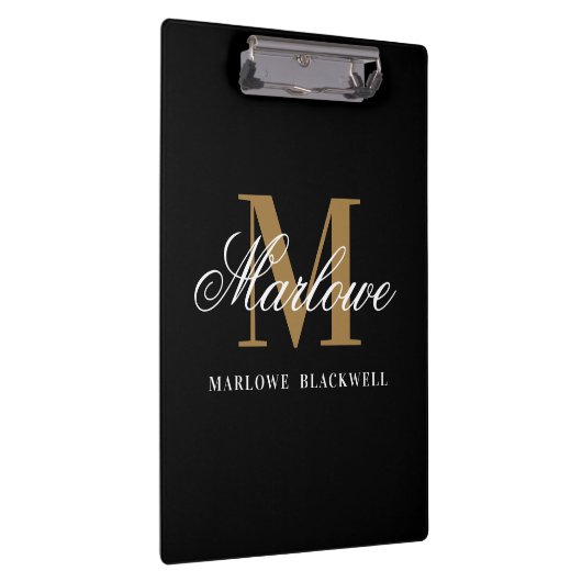 Elegant Black Gold Monogram Calligrafie Klembord (Rechts)
