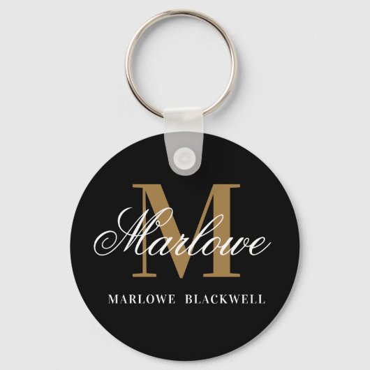 Elegant Black Gold Monogram Calligrafie Sleutelhanger (Voorkant)