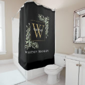 Elegant Black Gold Monogram Eucalyptus Greenery Douchegordijn (In situ)