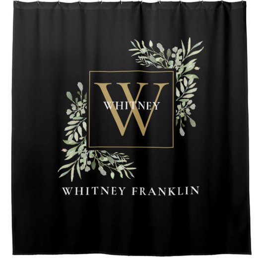 Elegant Black Gold Monogram Eucalyptus Greenery Douchegordijn (Voorkant)