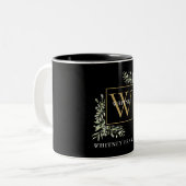 Elegant Black Gold Monogram Eucalyptus Greenery Tweekleurige Koffiemok (Voorkant links)