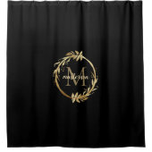 Elegant Black Gold Monogram Eucalyptus Wreate Douchegordijn (Voorkant)
