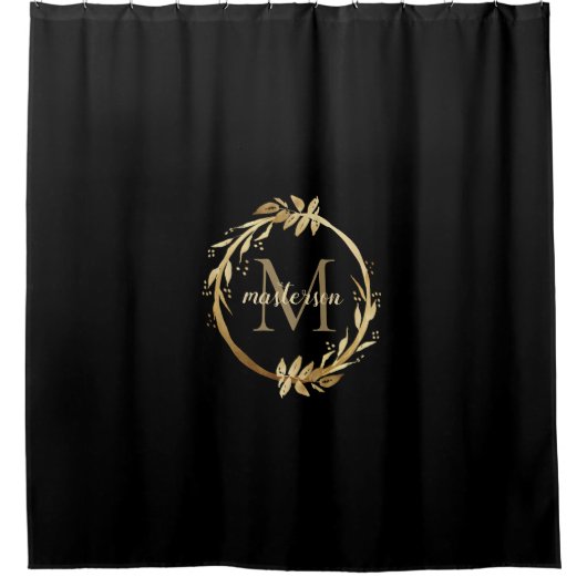 Elegant Black Gold Monogram Eucalyptus Wreate Douchegordijn (Voorkant)