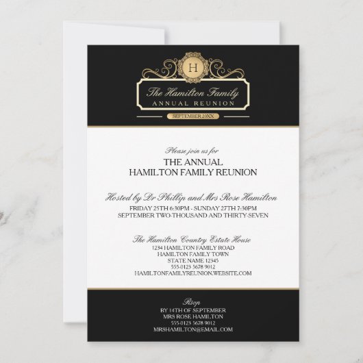 Elegant  Black Gold Monogram Family Reunion Kaart (Voorkant)