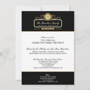 Elegant Black Gold Monogram Family Reunion Kaart
