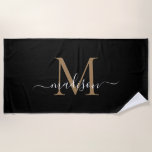 Elegant Black Gold Monogram Feminine Girly Script Strandlaken<br><div class="desc">Elegante zwart gouden monogram vrouwelijke girly script strandlaken</div>