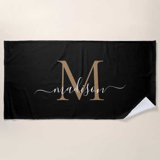 Elegant Black Gold Monogram Feminine Girly Script Strandlaken (Voorkant)