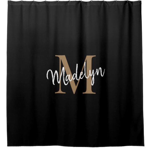 Elegant Black Gold Monogram Feminine Script Name Douchegordijn (Voorkant)