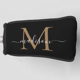 Elegant Black Gold Monogram Feminine Script Name Golfheadcover