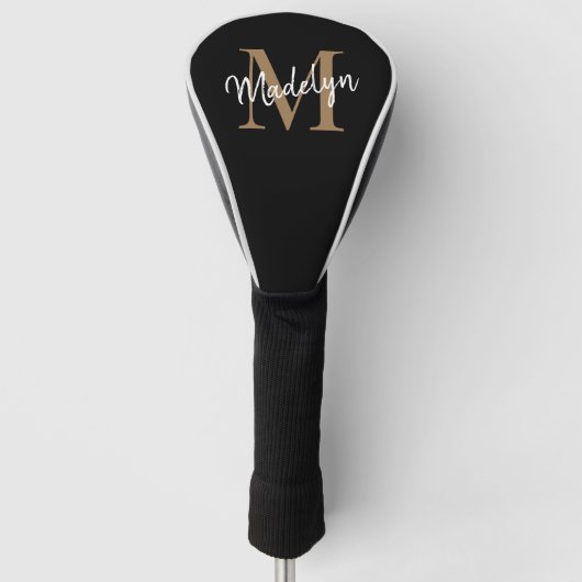 Elegant Black Gold Monogram Feminine Script Name Golfheadcover (Voorkant)