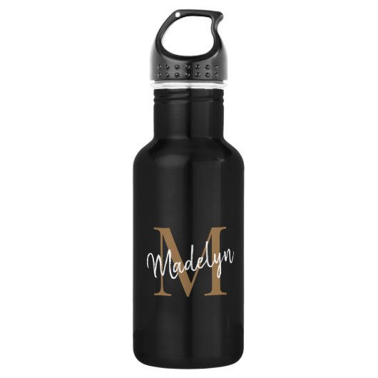 Elegant Black Gold Monogram Feminine Script Name Waterfles (Voorkant)