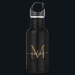 Elegant Black Gold Monogram Feminine Script Name Waterfles<br><div class="desc">Elegante zwart gouden monogram Vrouwelijke Girly Script Naam Roestvrij staal Waterfles</div>