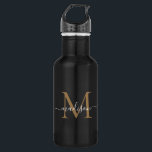 Elegant Black Gold Monogram Feminine Script Name Waterfles<br><div class="desc">Elegante zwart gouden monogram Vrouwelijke Girly Script Naam Roestvrij staal Waterfles</div>