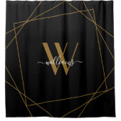 Elegant Black Gold Monogram Geometric Name Script Douchegordijn (Voorkant)