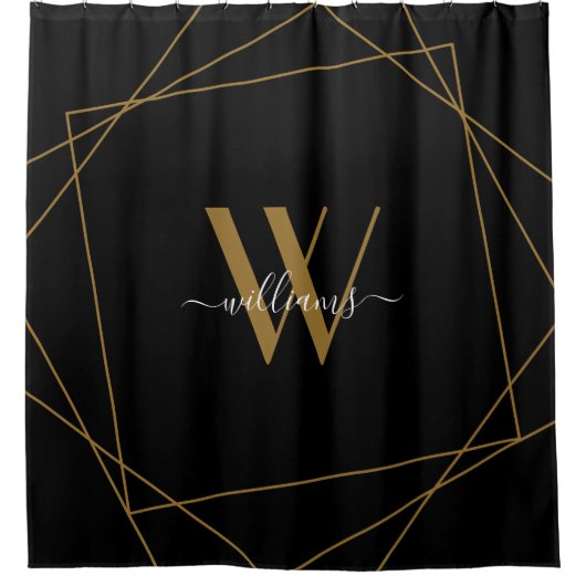 Elegant Black Gold Monogram Geometric Name Script Douchegordijn (Voorkant)