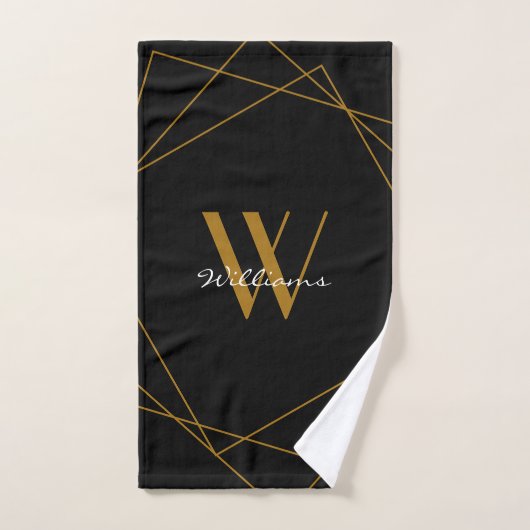 Elegant Black Gold Monogram Geometric Name Script Handdoek (Handdoek)