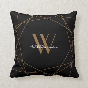 Elegant Black Gold Monogram Geometric Name Script Kussen