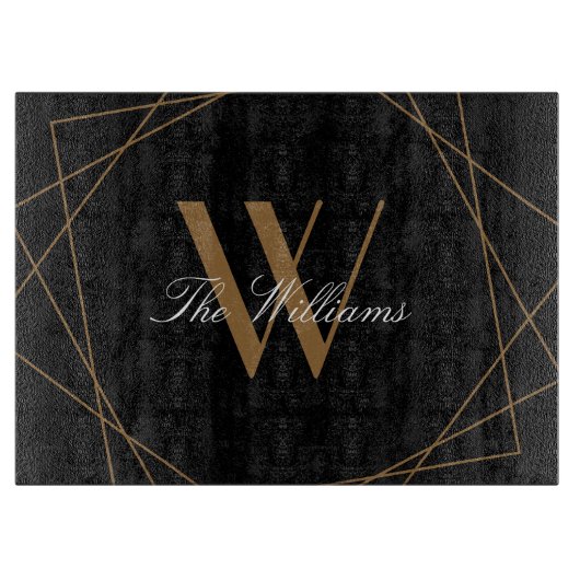 Elegant Black Gold Monogram Geometric Name Script Snijplank (Voorkant)