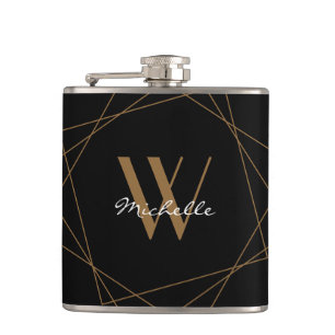Elegant Black Gold Monogram Geometric Pattern Name Heupfles