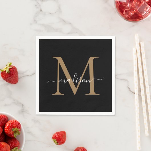 Elegant Black Gold Monogram Girly Script Birthday Servet (Insitu)