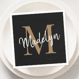 Elegant Black Gold Monogram Girly Script Birthday Servet