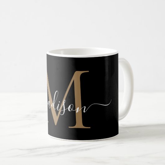 Elegant Black Gold Monogram Girly Script Stylish Koffiemok (Voorkant rechts)
