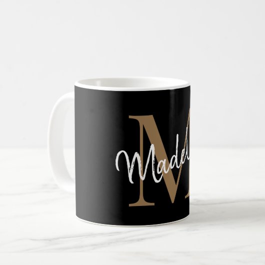 Elegant Black Gold Monogram Girly Script Stylish Koffiemok (Voorkant links)