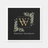 Elegant Black Gold Monogram Greenery Eucalyptus Servet (Voorkant)