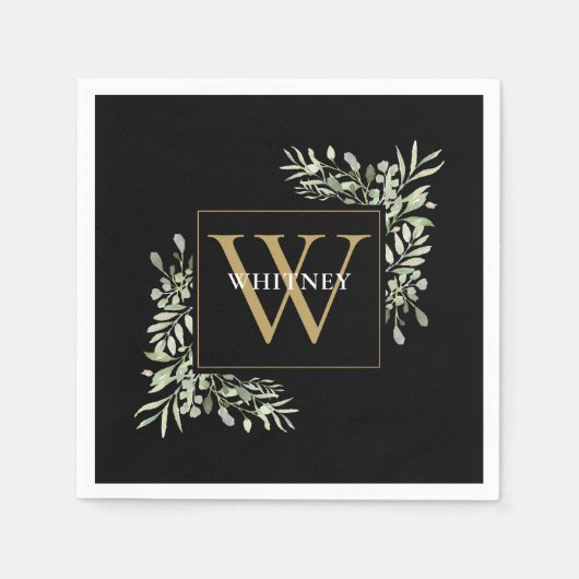 Elegant Black Gold Monogram Greenery Floral Servet (Voorkant)