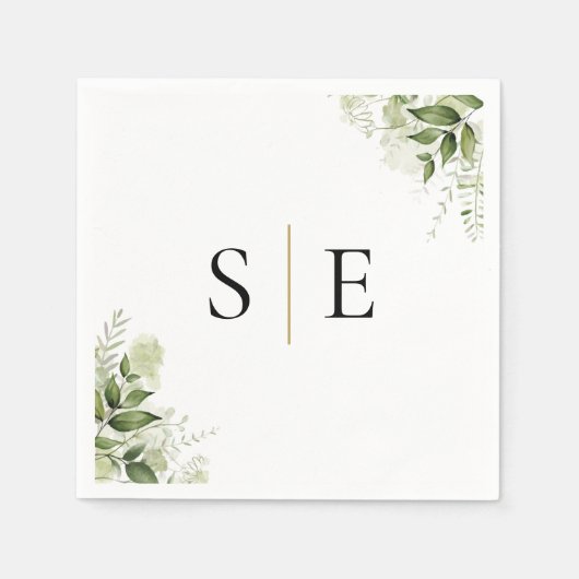 Elegant Black Gold Monogram Greenery Servet (Voorkant)