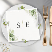 Elegant Black Gold Monogram Greenery Servet