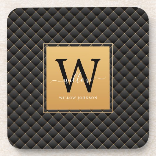 Elegant Black Gold Monogram Initiaal Script Modern Bier Onderzetter (Voorkant)
