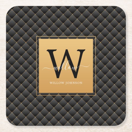 Elegant Black Gold Monogram Initiaal Script Modern Kartonnen Onderzetters (Voorkant)