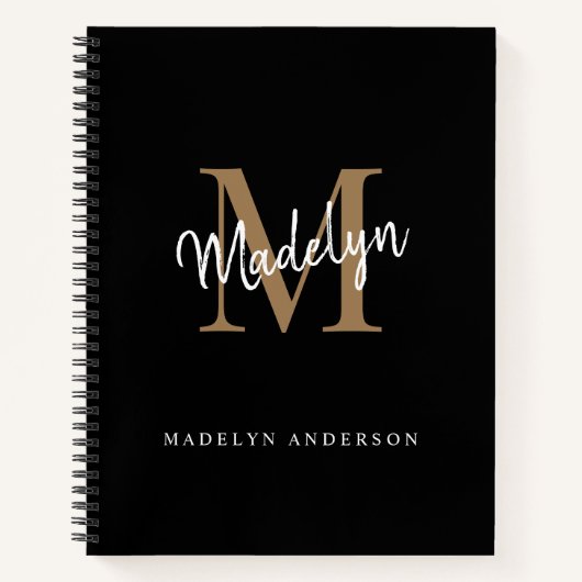 Elegant Black Gold Monogram Initiaal Script Name Notitieboek (Voorkant)