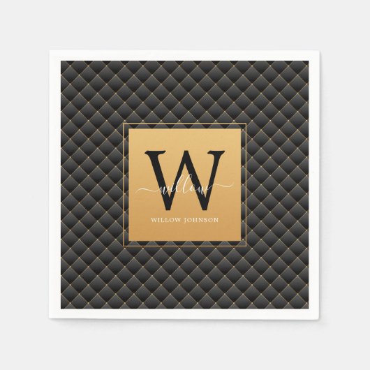 Elegant Black Gold Monogram Initiaal Script Stijlv Servet (Voorkant)