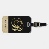 Elegant Black Gold Monogram Letter B met naam Bagagelabel (Voorkant horizontaal)