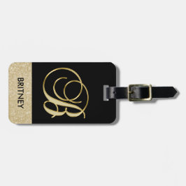 Elegant Black Gold Monogram Letter B met naam Bagagelabel