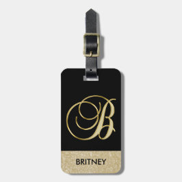 Elegant Black Gold Monogram Letter B met naam Bagagelabel