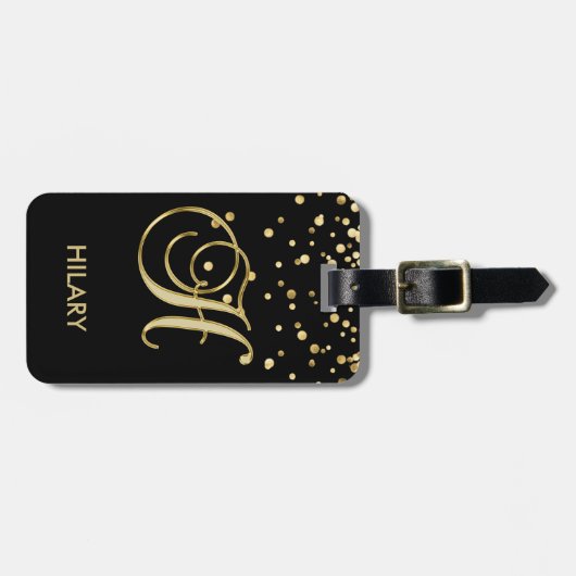 Elegant Black Gold Monogram Letter 'H' met naam Bagagelabel (Voorkant horizontaal)
