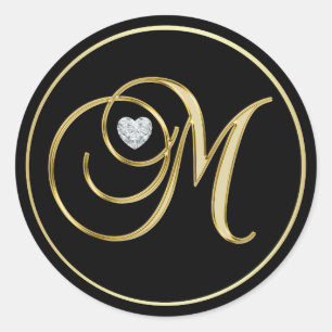 Elegant Black Gold Monogram Letter M Heart Diamond Ronde Sticker