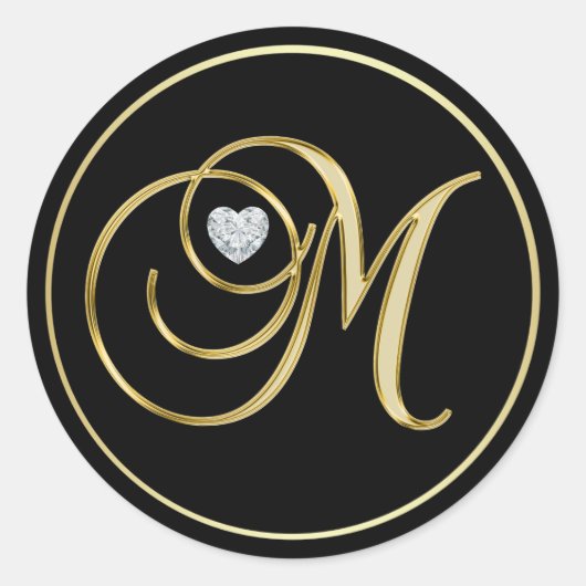 Elegant Black Gold Monogram Letter M Heart Diamond Ronde Sticker (Voorkant)