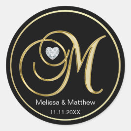 Elegant Black Gold Monogram Letter M Heart Diamond Ronde Sticker