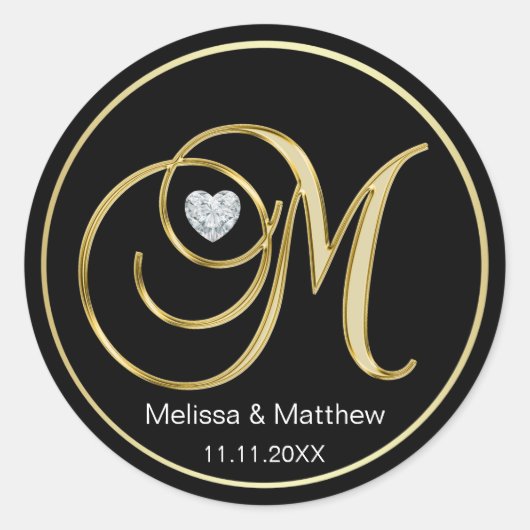 Elegant Black Gold Monogram Letter M Heart Diamond Ronde Sticker (Voorkant)
